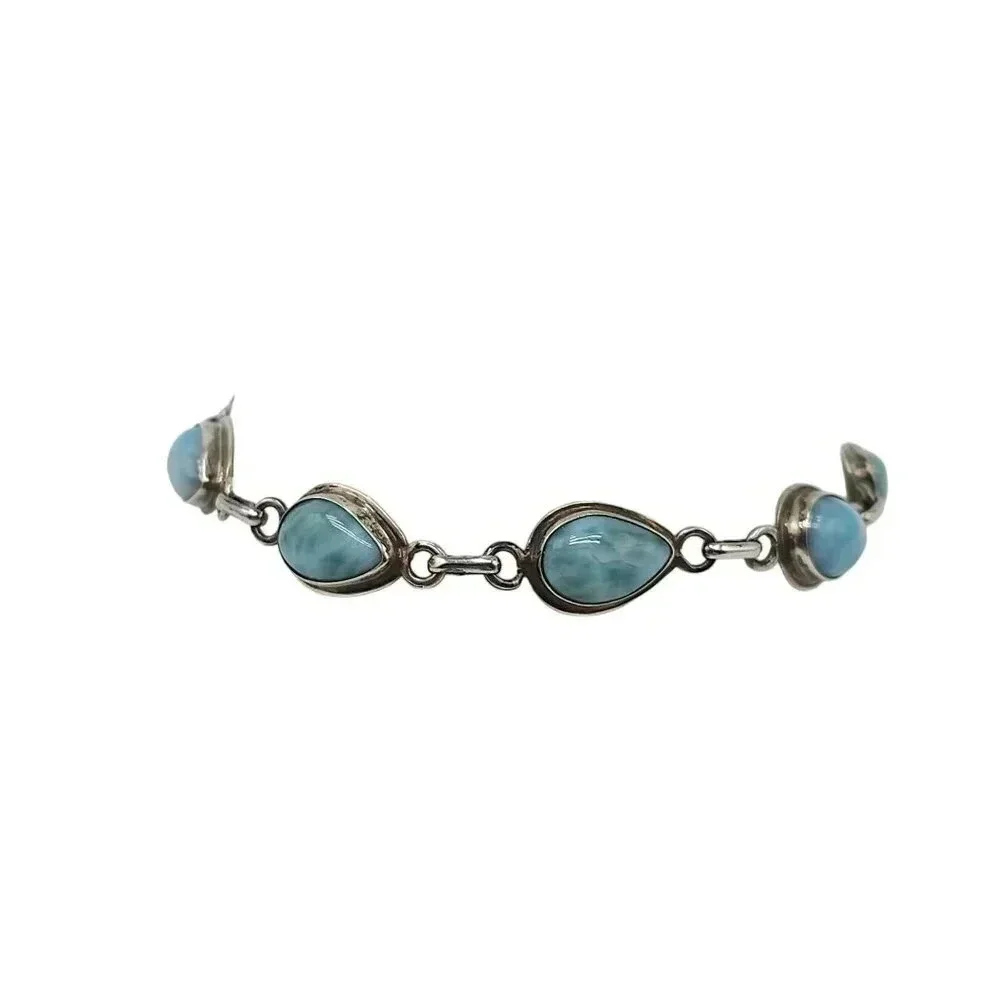 Sterling Silver Blue Larimar Tear Drop Chain Bracelet 7.5 in 10.62g